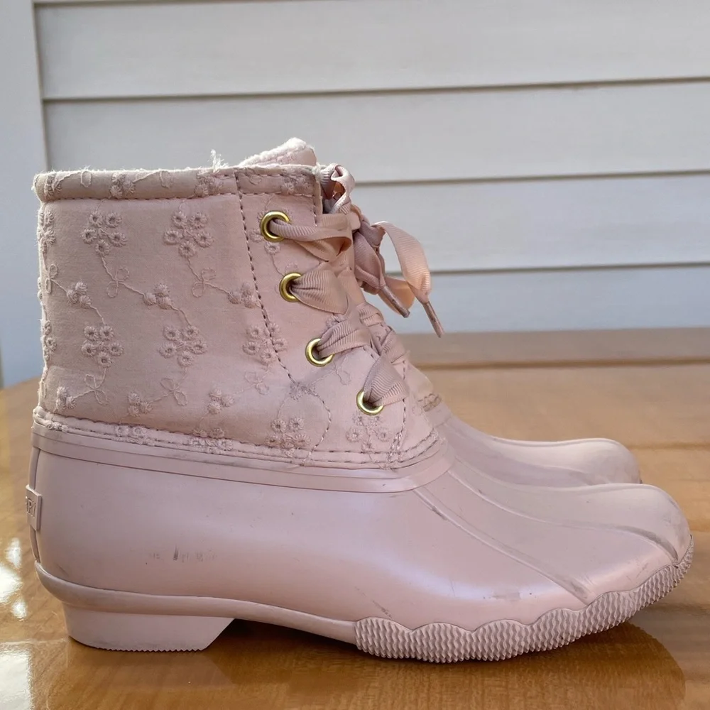 Sperry Girls Pink Lace-Up Duck Boots Size 1